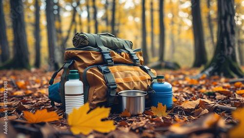 Survival kit and camping tent set up by a traveler in an autumn forest.
