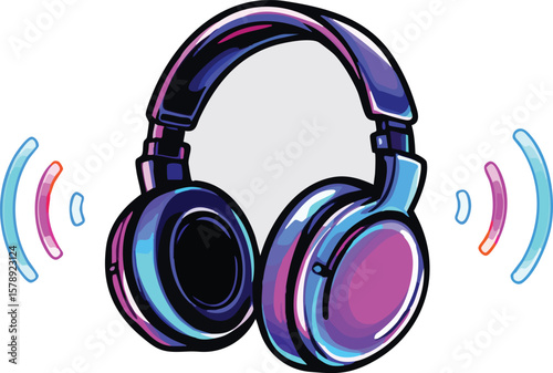 Vector illustration of modern stylish headphones with sound waves representing audio.
