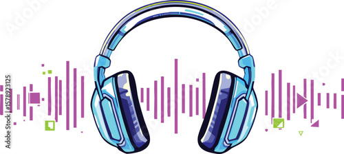 Vector illustration of blue headphones with sound wave graphics on white background.