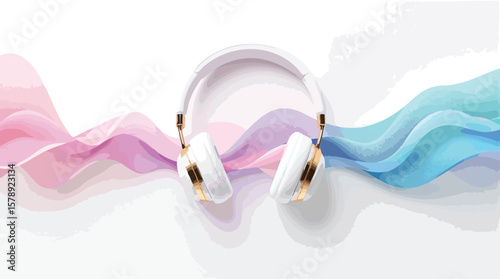 Stylish white wireless headphones with golden accents and abstract watercolor wave patterns.