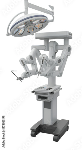 Isolated 3D Rendering of a White Surgical Robot Arm with Transparent BG