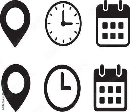 Simple black and white icons depicting location time and date with a clean design