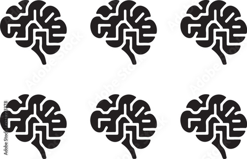 Six black brain icons in various perspectives suggesting thoughts intelligence and cognition