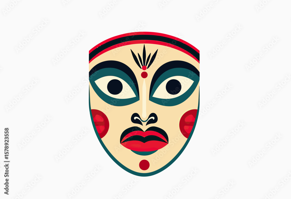 Obraz premium A stylized mask with striking facial features, vibrant colors, and a traditional design, representing cultural traditions, art, and festive celebrations. 