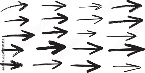 collection of hand drawn arrows. set scribble doodle arrows marks isolated on white background. freehand drawing. ink and paint