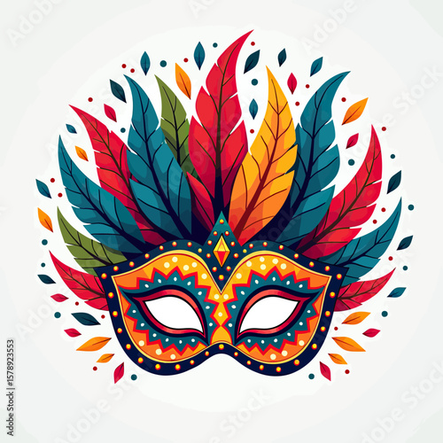 A colorful masquerade mask adorned with vibrant feathers and intricate patterns, symbolizing celebration, mystery, and festive events.
