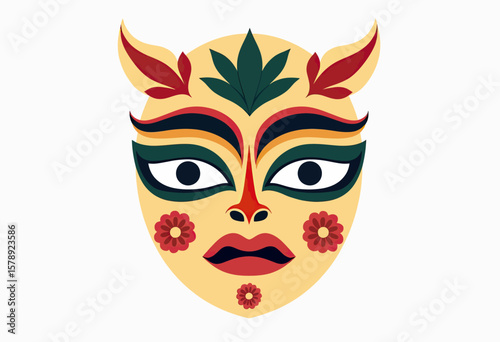 A colorful folk art mask with stylized features, including large eyes, floral accents, and a distinctive headdress, representing cultural traditions and artistic expression.
