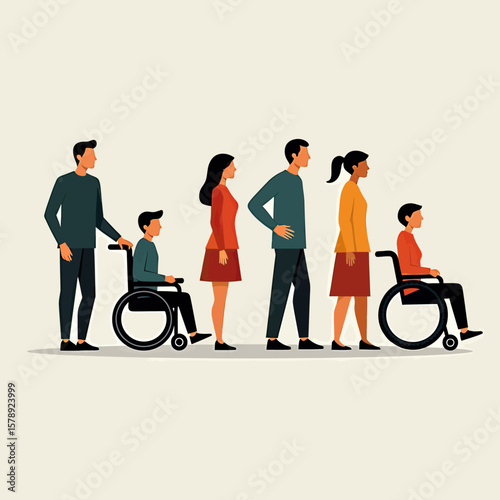 A diverse group of people, including children and adults in wheelchairs, standing in a line, symbolizing inclusivity, diversity, and accessibility in society.
