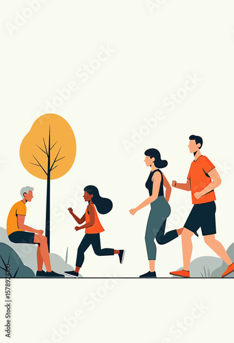 A stylized illustration of a park scene with people of different ages and genders engaging in activities like running and sitting, symbolizing active living and community interaction.
