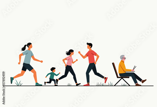 A diverse group of people of different ages, including adults and children, participating in outdoor activities like running and sitting, symbolizing intergenerational connection and healthy living.
