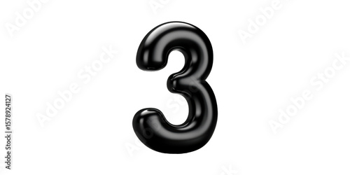 Black Glossy Number Three. Modern Typography And Design Element Isolated On Transparent Background