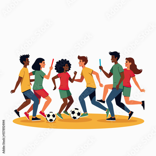 A vibrant illustration of people playing soccer, with dynamic poses and colorful attire, symbolizing active recreation, teamwork, and the joy of sports.
