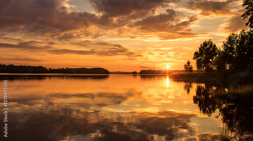 Fototapeta premium Golden sunset reflecting on a calm lake with trees silhouetted along the shoreline