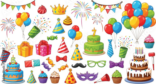 Festive cartoon birthday party elements with cakes and decorations set