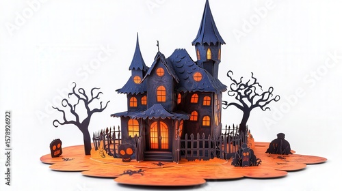 3D paper haunted house with pop-up elements isolated on white background