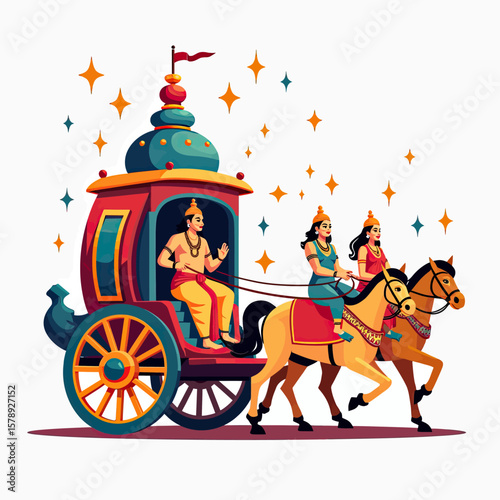 An illustration depicting Hindu deities, likely Rama, Lakshmana, and Sita, riding in a chariot pulled by a horse, symbolizing the Rath Yatra festival and their divine journey.
