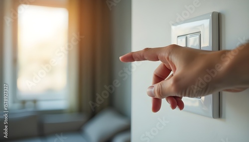 A hand is pressing a light switch in a dimly lit room