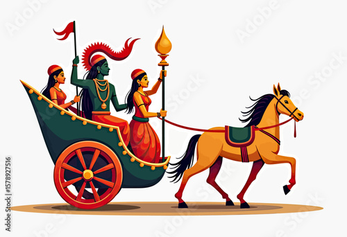 An illustration depicting Hindu deities, likely Lord Krishna and Radha, on a chariot pulled by a horse, symbolizing the Rath Yatra festival's spiritual and cultural significance.
