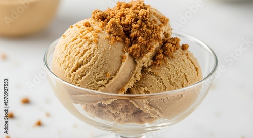Cookie butter ice cream scoop topped with speculoos crumbles.