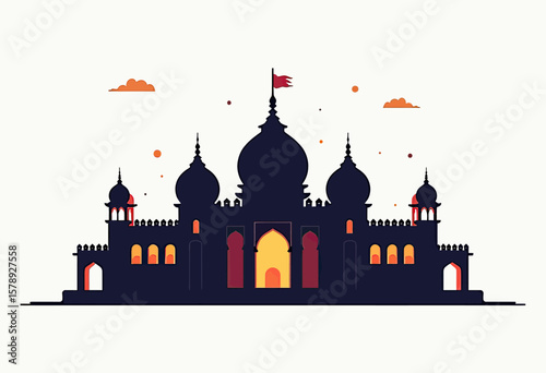 A dark silhouette of an Indian palace or temple complex with multiple domes and illuminated windows, set against a sky with subtle clouds and hints of orange, evoking a sense of grandeur and history.
