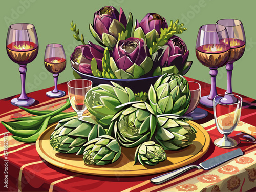 vector of Beautiful presentation of velvet artichokes on a linen on a large table in a rectangular dish with premium wine glasses. Elegant arrangement for reception.