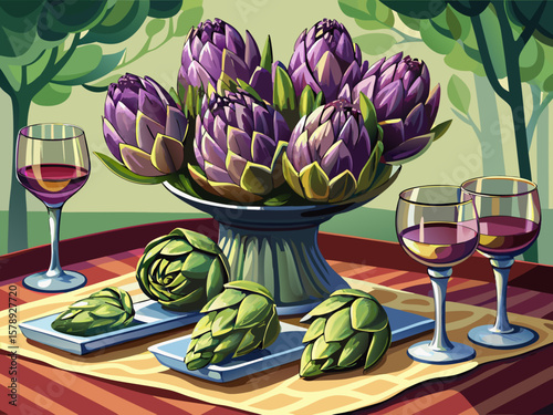 vector of Beautiful presentation of velvet artichokes on a linen on a large table in a rectangular dish with premium wine glasses. Elegant arrangement for reception.