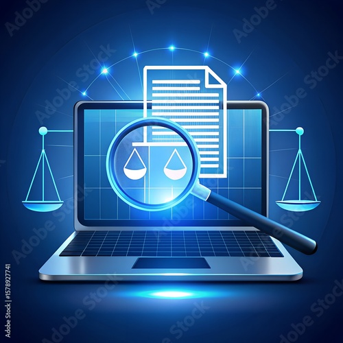 A laptop displays a document under a magnifying glass with scales of justice nearby
