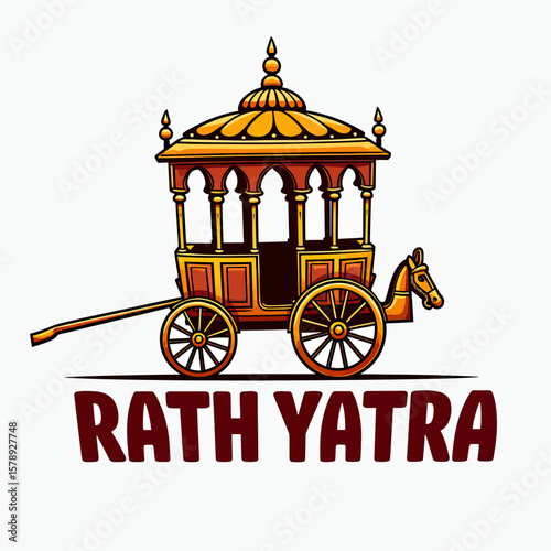 A vibrant illustration of a Rath Yatra chariot, featuring intricate details, a horse, and a prominent "Rath Yatra" text in a bold, artistic font, symbolizing the Indian festival.
