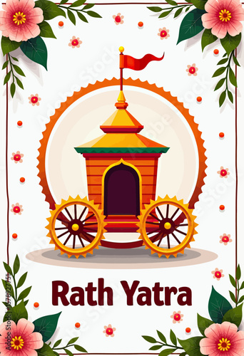 A stylized illustration of a vibrant chariot with floral decorations and a red flag, symbolizing Indian festivals and cultural celebrations with a focus on traditional elements.
