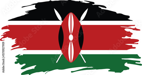Kenyan flag with textured brushstrokes, shield, spears, and colorful stripes, symbolizing unity