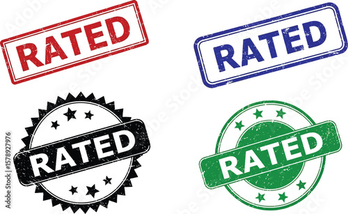 Four rated stamps in different colors on a white background image