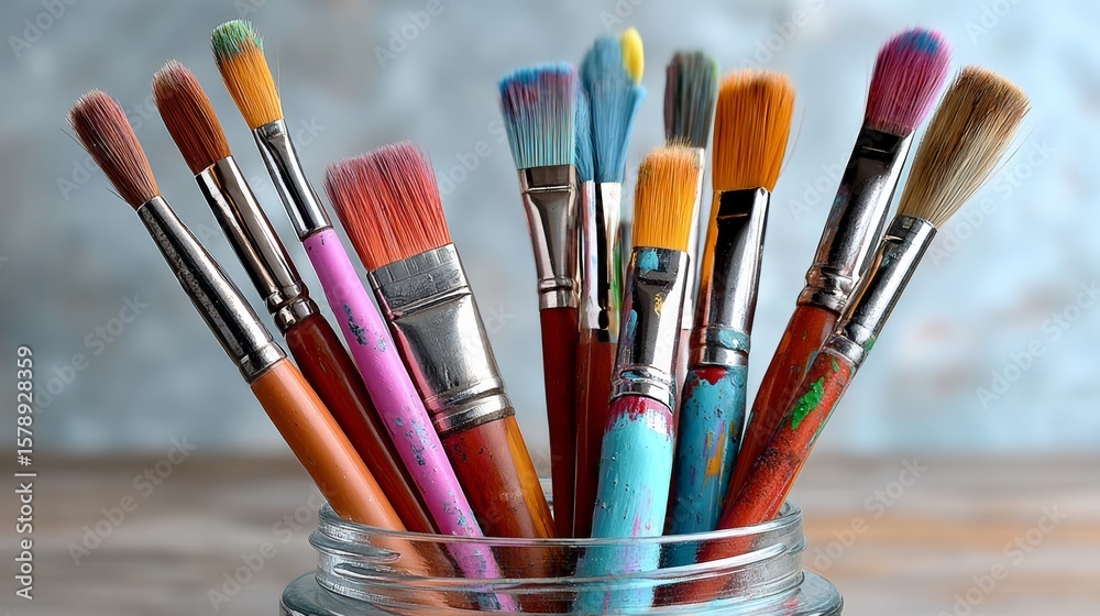 Fototapeta premium Jar full of paintbrushes of various colors. The jar is on a table. The paintbrushes are arranged in a way that they are all facing the same direction