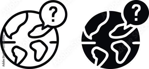 Globe Question Icon Vector – Black and White World FAQ Search Symbol Illustration