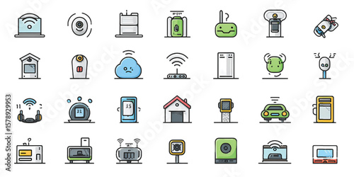 Flat Vector Icon Set of IoT Devices and Smart Home Gadgets