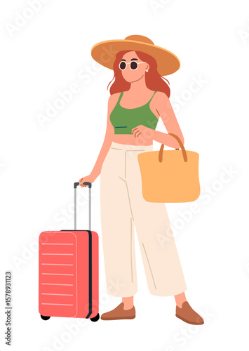 Flat vector illustration of a young woman in summer casual clothes and hat, holding a suitcase and handbag. Isolated on transparent background. Perfect for travel, vacation, or holiday-themed designs.