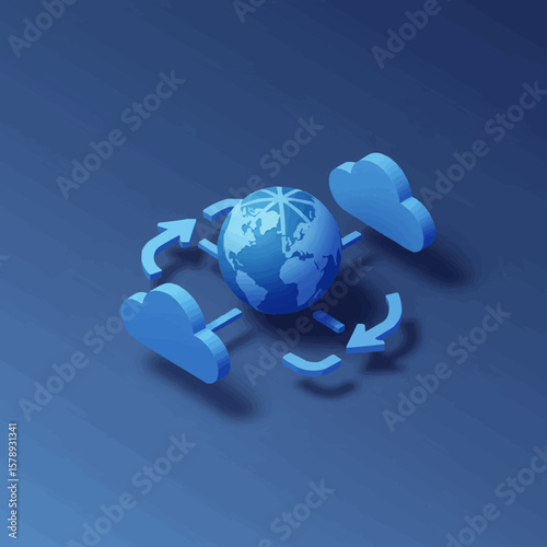 Connected World Concept: An illustration of a globe surrounded by clouds and interconnected by arrows.
