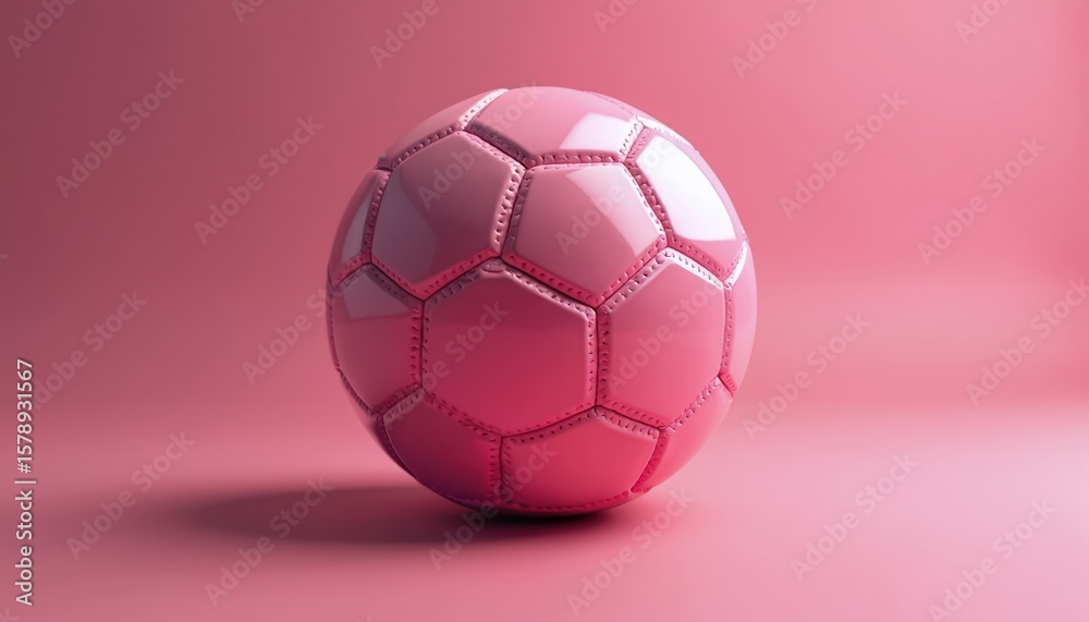 Naklejka premium Pink soccer ball against pink background. Glossy, smooth, shiny texture of a round ball, geometric shapes, 3D render. Minimalist design, dynamic, bright, vivid colours, play, game, competition.