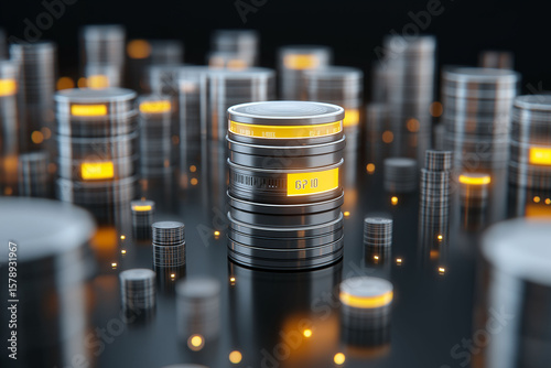 ERP software business operation. Database performance. Integration strategy. Database ERP system image with labels and stack structure.