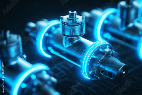 CCUS carbon solution. Capture climate. Storage energy. Emission sustainability. Futuristic plumbing system with glowing elements and intricate design.