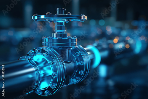 CCUS carbon solution. Capture climate. Storage energy. Emission sustainability. High-tech valve with glowing accents in industrial setting.