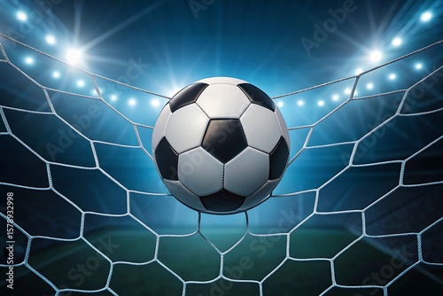 Soccer ball caught in net with stadium lights goal