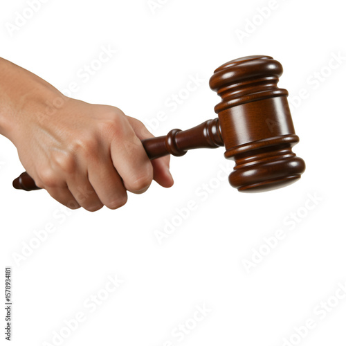 Hand Holding Wooden Gavel For Auction in Transparent Background