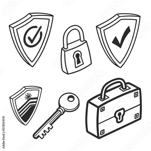 Black and white security icons shield lock key and briefcase
