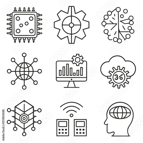 Technology icons including computer chip gear and network