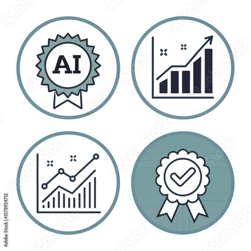 Four circular icons with graphs and awards chart analytics