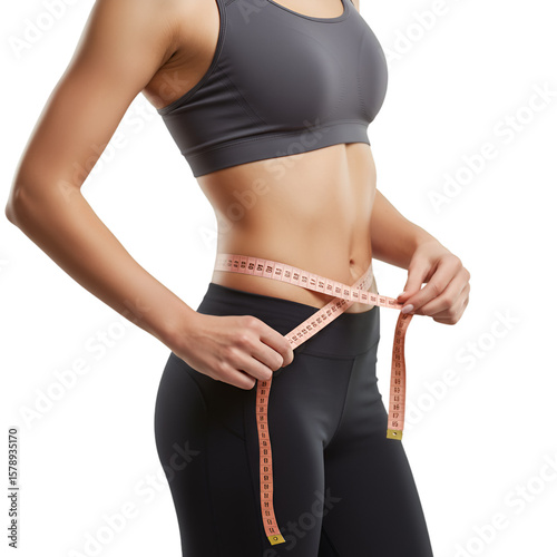 Isolated Photo of Slim Woman Measuring Her Waist with Tape in Sportswear