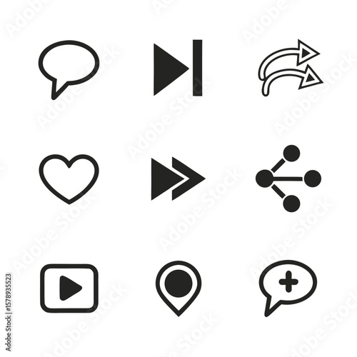 Social media icons set with speech bubble heart play button