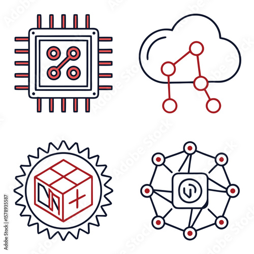 Technology Icons With Red and Blue Accents computer chip
