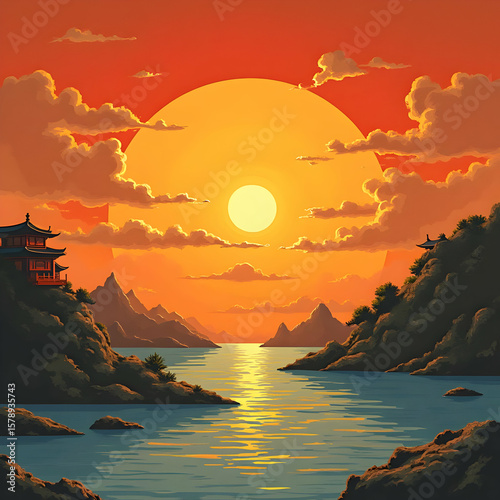 Pagoda at sunset over water with mountains and clouds