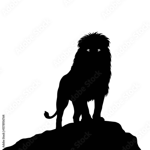 Lion Silhouette on the Rise: A majestic lion silhouette stands tall, commanding attention with its powerful stance on a rocky outcrop, showcasing the raw strength and dominance of nature's king.